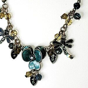 Dragonfly Enamel Rhinestone Necklace Pewter Green Fashion Jewelry CT217